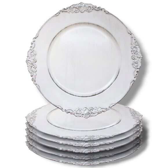 Charger Plates Set of 6 Royal White Antiqued Embossed Melamine 13 Inch - Picture 1 of 9